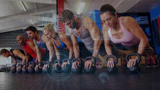 Six adults doing kettlebell pushups in gym while camera panning up HUD showing form for strength