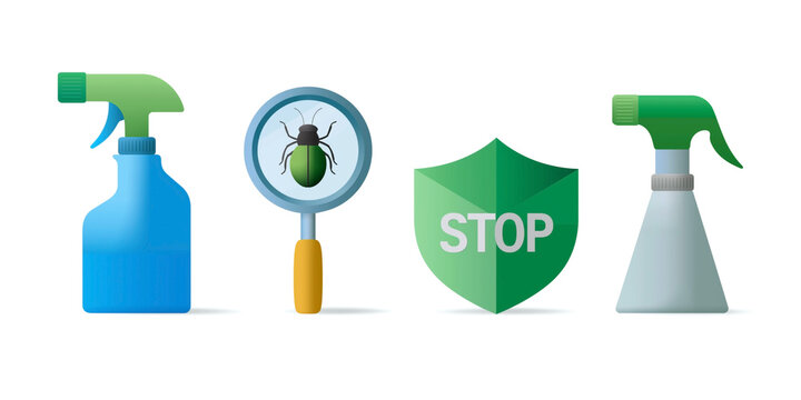 Pest control icons with spray bottles magnifier bug and shield stop symbol on minimal background