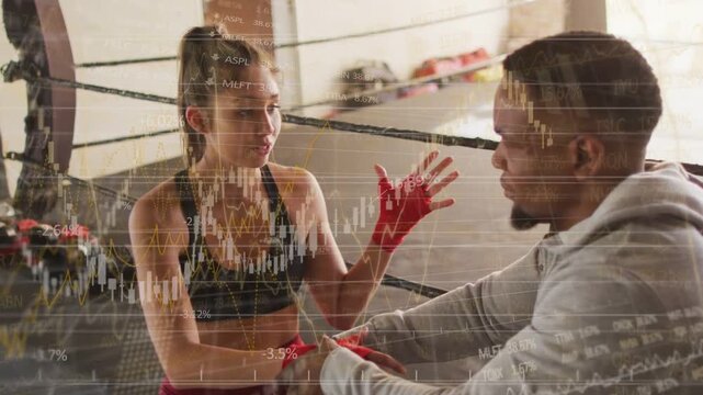 Boxer raising red wraps showing technique on ropes trainer checking wrist market charts overlaying
