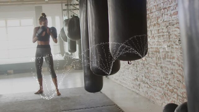 Female boxer starting training by throwing jabs and kicking heavy bags, motion arcs mapping strikes