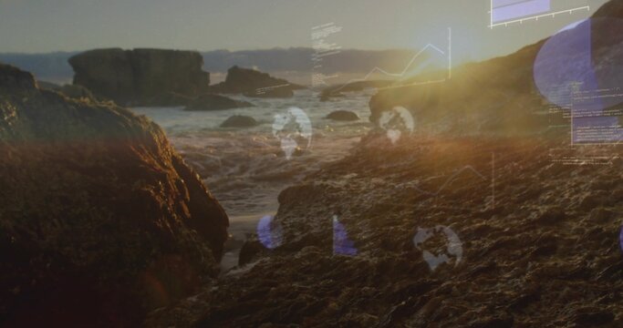 Displaying rocky outcrop glinting in sunset along coastline, with tide pools and HUD overlays