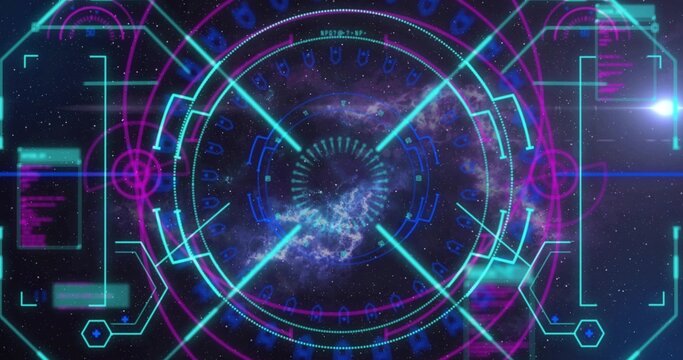Projecting central ringed HUD reticle with cyan magenta beams over starfield, showing nebula