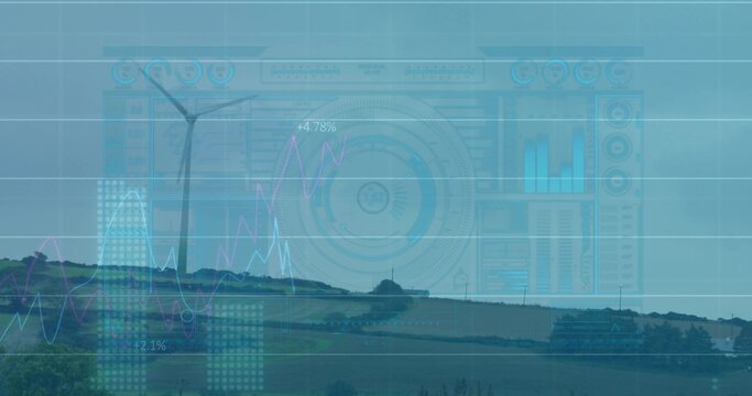 Rising 3-blade wind turbine on tubular tower rising above low ridge fields, with data overlay