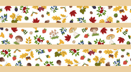 Set of autumn forest borders. Collection of seamless horizontal patterns with maple, oak, and other leaves, mushrooms, and berries. Decorative ornaments for seasonal design. © Ирина Яшкирева