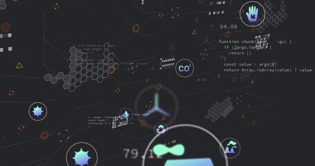 Obraz premium Displaying abstract digital cluster pulsing on dark dashboard, with CO2 label, hexagons, code