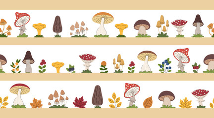 Fototapeta premium Set of autumn forest borders. Collection of seamless horizontal patterns with autumn leaves, forest elements, and seeds for seasonal design.