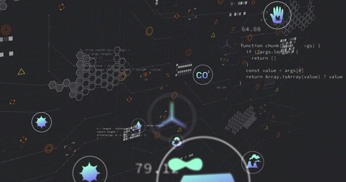 Displaying abstract digital cluster pulsing on dark dashboard, with CO2 label, hexagons, code
