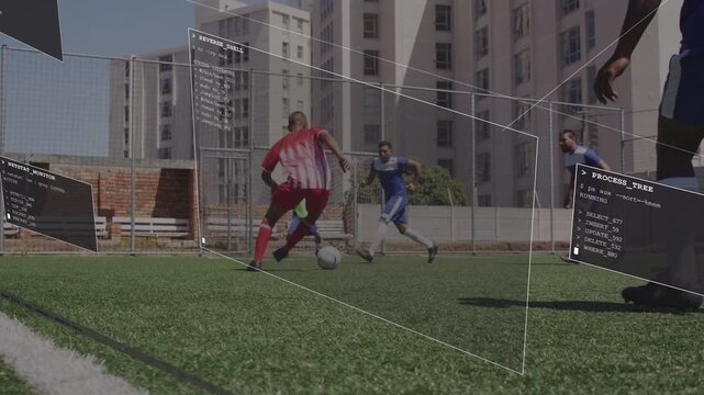 Red player controlling soccer ball, dribbling to cut inside to goal, wireframe tracking movement