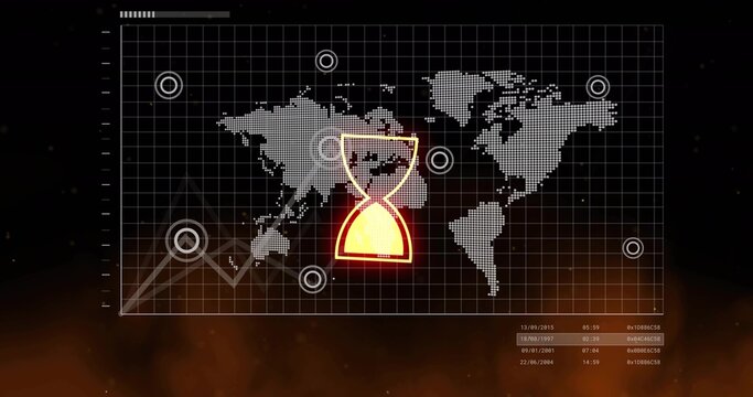 Highlighting glowing hourglass icon pulsing over dotted world map on display, showing targets