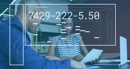 Naklejka premium Holding woman in black-white checkered blouse reviewing paper at office, HUD showing 7429-222-5