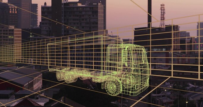 Displaying neon green wireframe truck hovering above corrugated rooftop at dusk with yellow grid