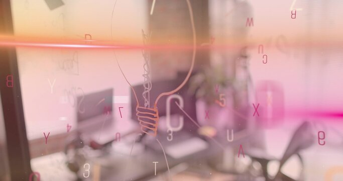 Displaying glass partition with lightbulb sketch at modern desk, with pink letters and lens flare