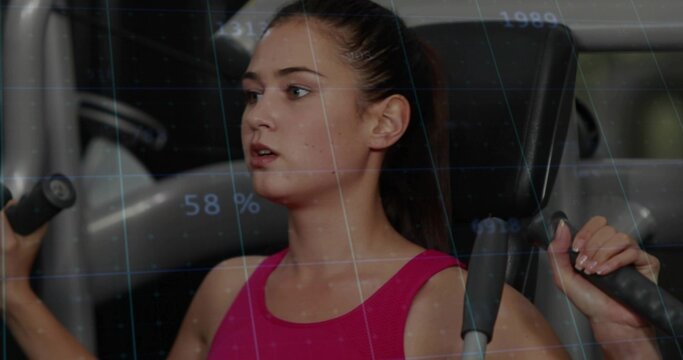 Pressing woman wearing pink tank top, ponytail on chest press machine at gym, with digital overlay