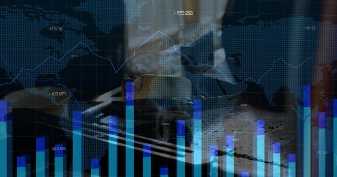 Calculating professional in suit using laptop and pen on office desk, with market chart overlay