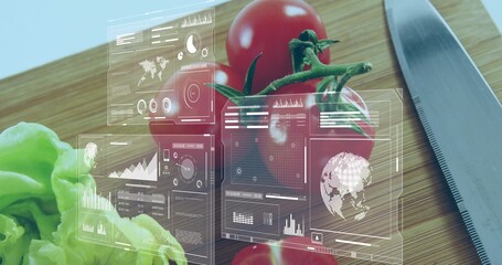 Showing vine tomato cluster sitting on cutting board, with AR panels, knife, lettuce, copy space © vectorfusionart
