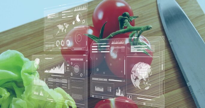 Showing vine tomato cluster sitting on cutting board, with AR panels, knife, lettuce, copy space