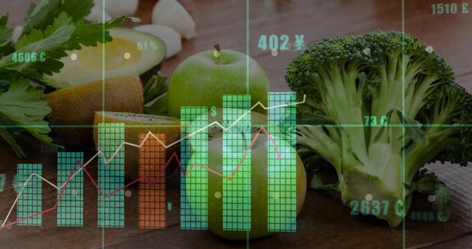 Showing two green apples sitting on wooden table with broccoli, halved kiwi, avocado, data overlays