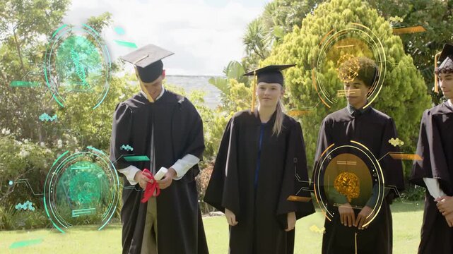 Graduation, left entrant entering with red ribbon HUD overlaying, woman walking man holding diploma