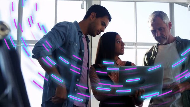 Woman lifting tablet, colleagues reviewing design while neon dashes obscuring then revealing