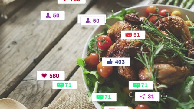 Social badges floating across bowl of roasted chicken on rustic wooden tabletop with wooden spoon