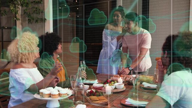 Guest pouring drink sparking toasts couple standing greeting group green clouds drifting over party