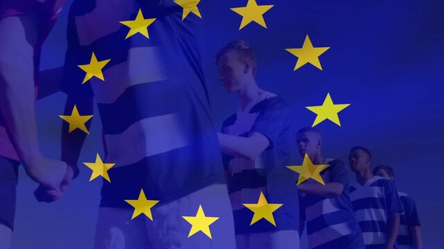 Male players forming handshake line, left hand starting sports greeting, EU stars blue wash moving