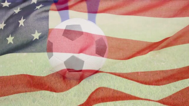 Soccer feet entering frame, trapping then rolling ball, controlling ball with animated flag overlay
