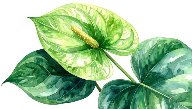 Watercolor painted anthurium with green leaves and spadix. Isolated on white