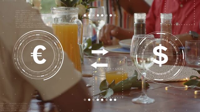 Family gathering at table, gestures sparking AR finance HUD visualizing Euro to Dollar conversion