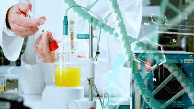 DNA overlay appearing, scientist picking red vial, pipetting into yellow flask, demonstrating assay