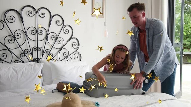 Girl fumbling case latch on bed, man steadying and woman filming, golden stars floating for trip