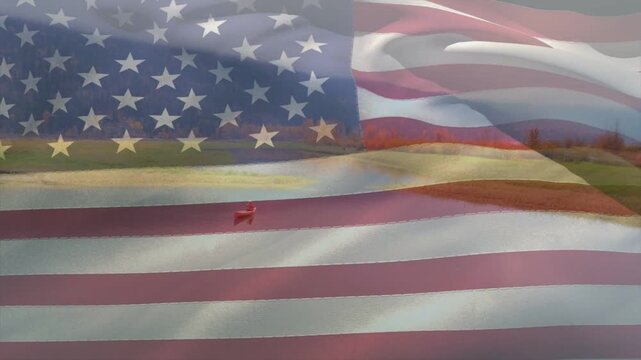Man parachutist drifting under red canopy wind gusting clear flag waving across jumper for military