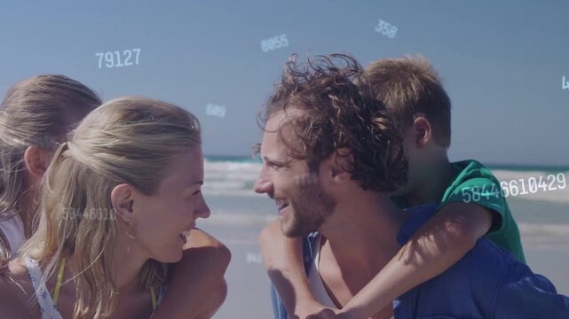 Parents piggybacking kids on beach, numeric overlays appearing, showcasing travel data