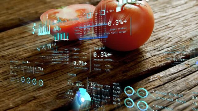 Camera shifting right and back, HUD updating charts and % over wood table showing tomatoes data