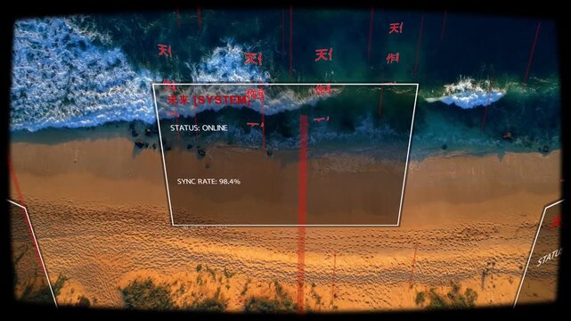 Surveillance HUD centering over shore, system coming online and syncing while red symbols spreading