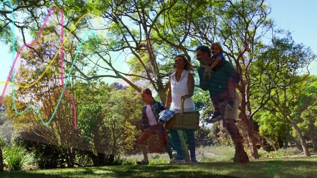 Family walking in park entering frame with picnic basket waveform rising expanding over family ads