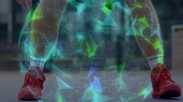 Player pushing ball, executing between-legs dribbles, training footwork under holographic sphere