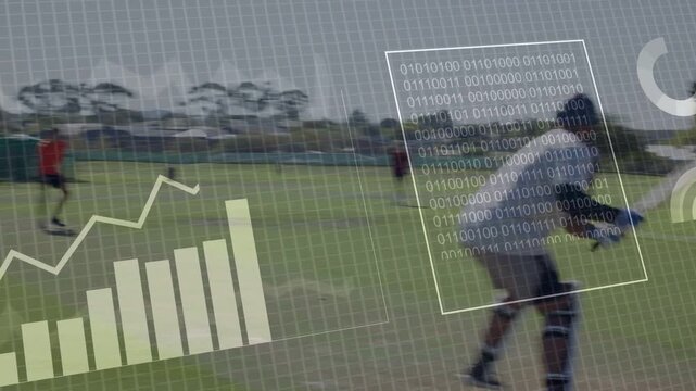 Cricket team near crease batsman stepping as bowler approach HUD graphs showing shot data to coach