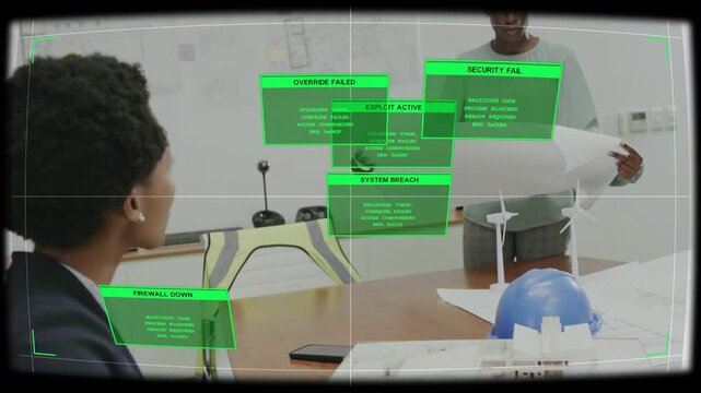 Seated designer tuning rotor on model as standing designer placing airship HUD showing green alerts