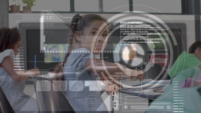 Girl tapping tablet, shifting from writing to smiling in classroom with HUD overlay giving feedback