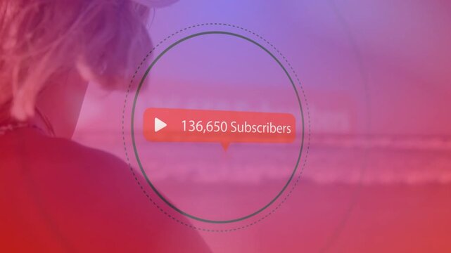 Woman standing shore revealing profile, animated ring filling as subs count rising for marketing