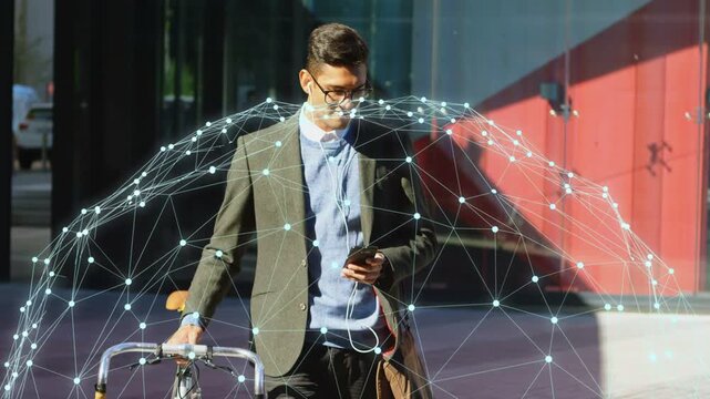 Man pushing bike, navigating with phone on street, starting mesh dome around him showing tech nodes