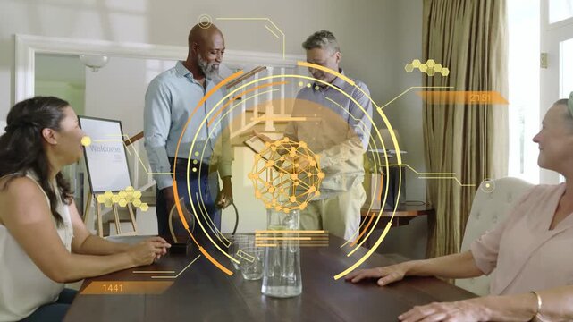Two men presenting plaque at table in business meeting, team clapping, yellow HUD overlaying center