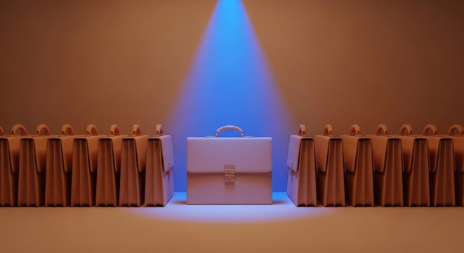 light briefcase illuminated by blue spotlight standing out among dark briefcases concept for unique job opportunity hiring best candidate standout career choice and hr recruitment