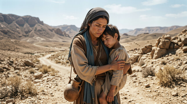 Hagar and Ishmael in the desert. Biblical scene of a mother holding her son in a dry landscape. Historical drama concept