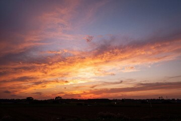 Obraz premium Colorful sunset sky glowing over flat agricultural fields
