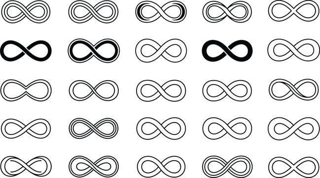 Black infinity symbols in various line styles on white background infinity sign lemniscate eternity symbol