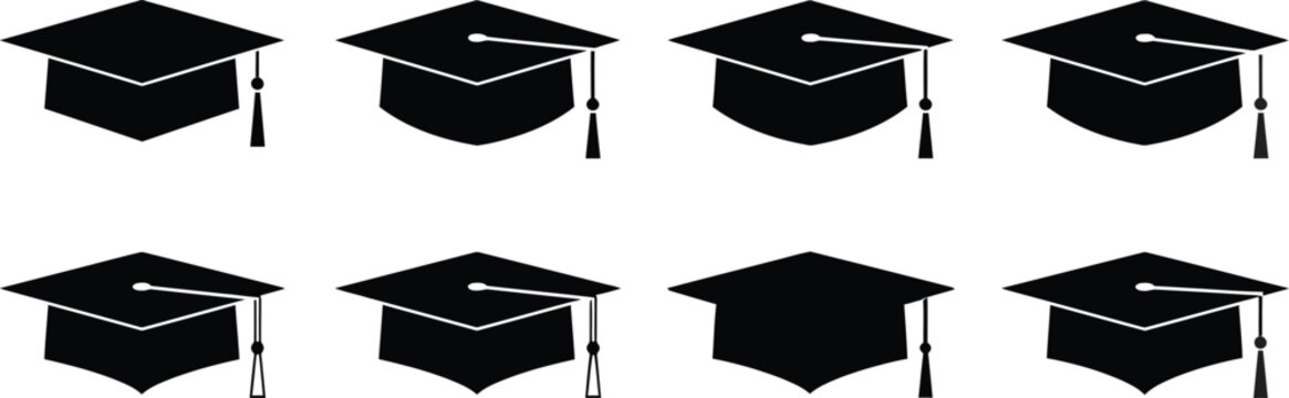 Black graduation caps with tassels on white background education