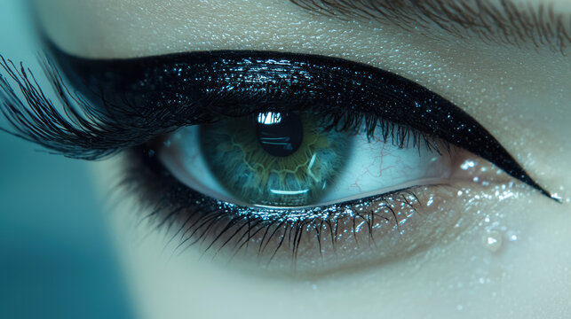 Extreme close up of a captivating green eye accentuated with bold black eyeliner and long lashes creating a dramatic and allu makeup look on fair skin tone.