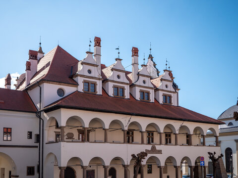 Renaissance town hall with decorative gables and arcades in Levoca, Slovakia. Historic architecture and cultural landmark in the old town under clear blue sky.